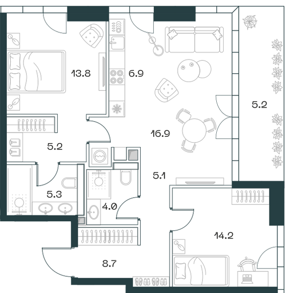 Планировка: 3-комнатная квартира, 86,2 м²