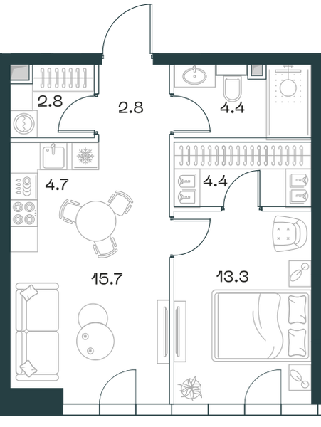 Планировка: 2-комнатная квартира, 48,1 м²