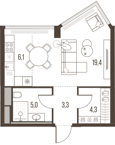 Планировка: 1-комнатная квартира, 38,1 м²