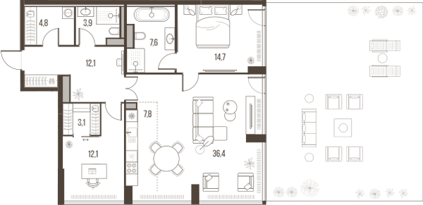 Планировка: 3-комнатная квартира, 127,0 м²