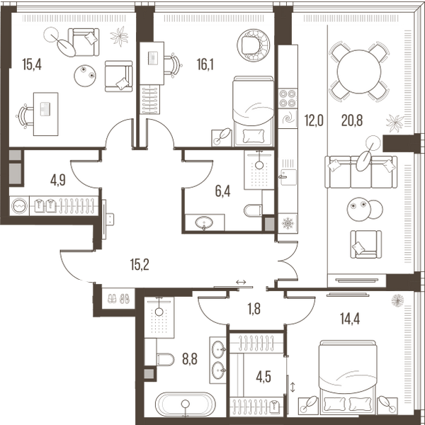 Планировка: 4-комнатная квартира, 120,3 м²