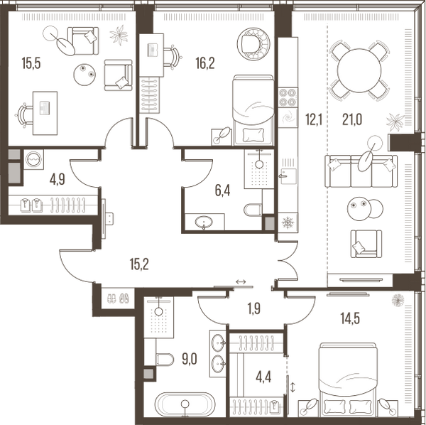 Планировка: 4-комнатная квартира, 121,1 м²