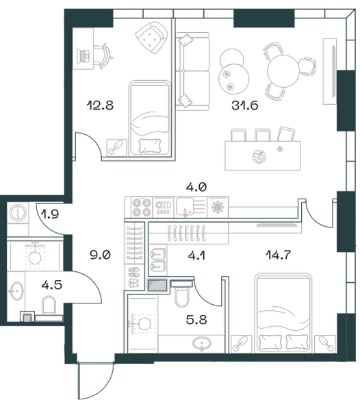 Планировка: 3-комнатная квартира, 88,1 м²