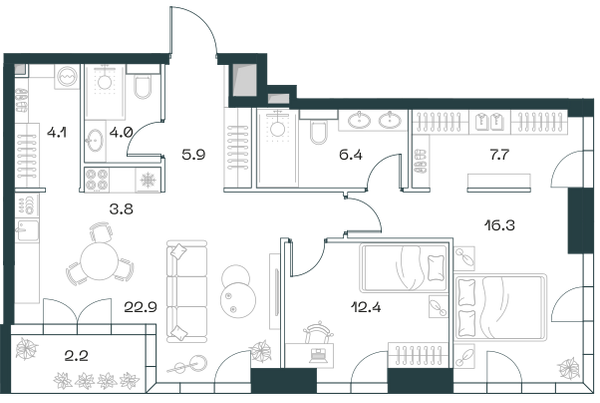 Планировка: 3-комнатная квартира, 85,7 м²