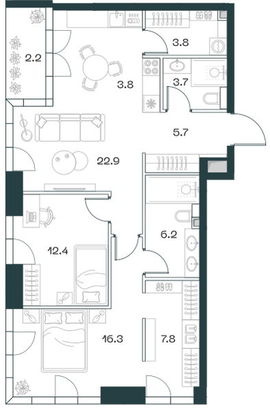 Планировка: 3-комнатная квартира, 84,1 м²