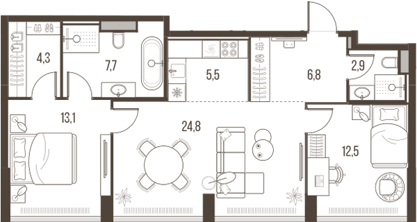Планировка: 3-комнатная квартира, 77,7 м²