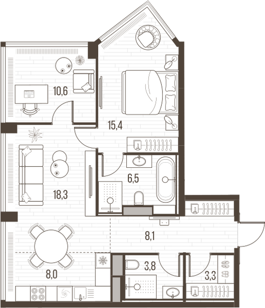 Планировка: 3-комнатная квартира, 74,1 м²