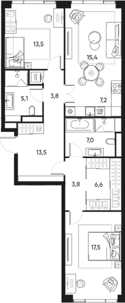 Планировка: 3-комнатная квартира, 90,2 м²