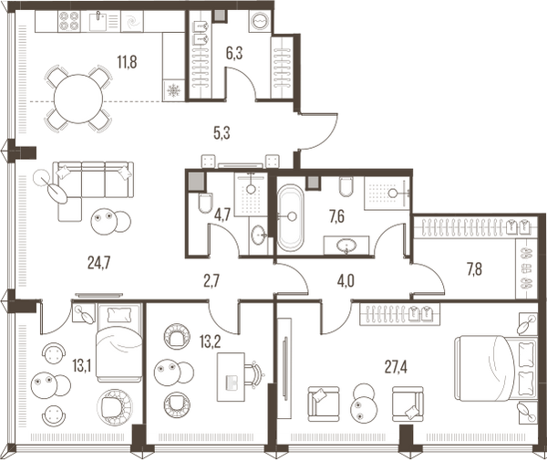 Планировка: 3-комнатная квартира, 128,6 м²