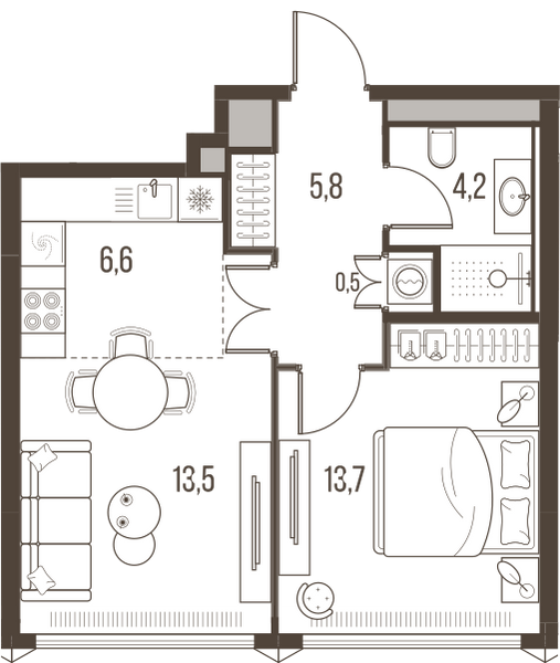 Планировка: 2-комнатная квартира, 44,3 м²