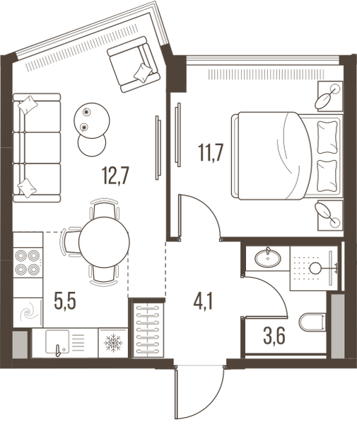 Планировка: 2-комнатная квартира, 37,6 м²