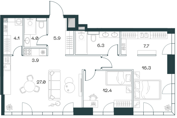 Планировка: 3-комнатная квартира, 87,6 м²