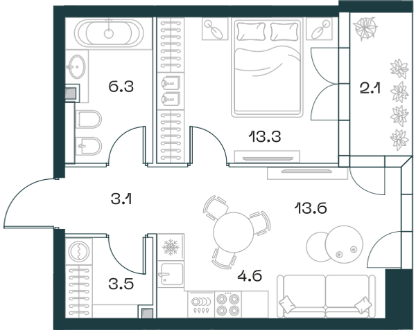 Планировка: 2-комнатная квартира, 46,5 м²