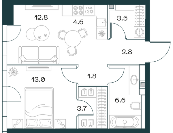 Планировка: 2-комнатная квартира, 48,8 м²