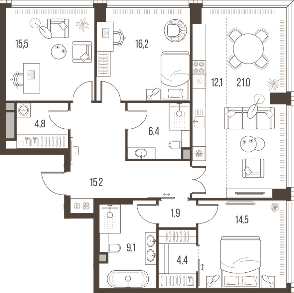 Планировка: 4-комнатная квартира, 121,1 м²
