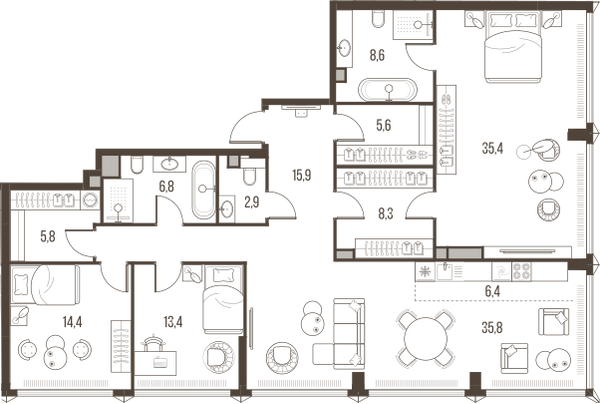 Планировка: 4-комнатная квартира, 159,3 м²