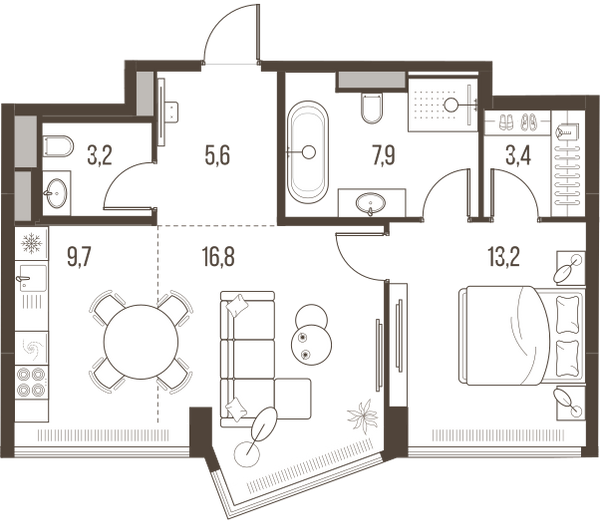 Планировка: 2-комнатная квартира, 59,8 м²