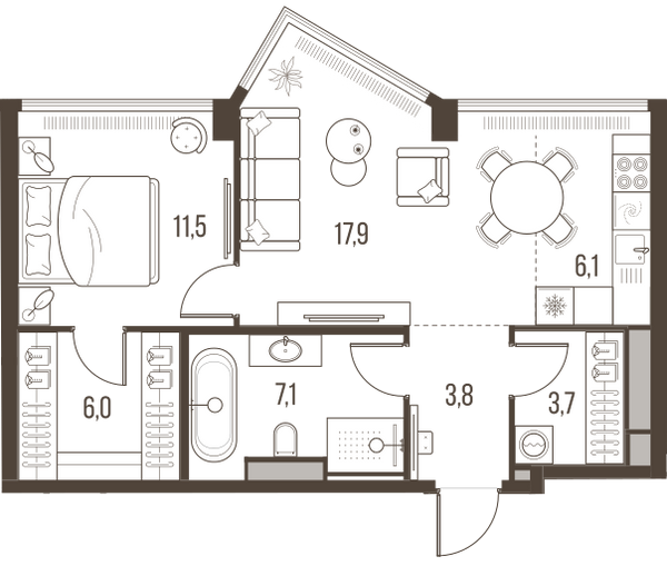 Планировка: 2-комнатная квартира, 56,1 м²