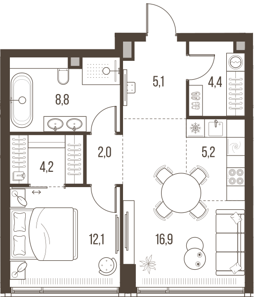 Планировка: 2-комнатная квартира, 58,7 м²