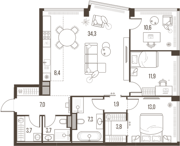 Планировка: 4-комнатная квартира, 105,6 м²