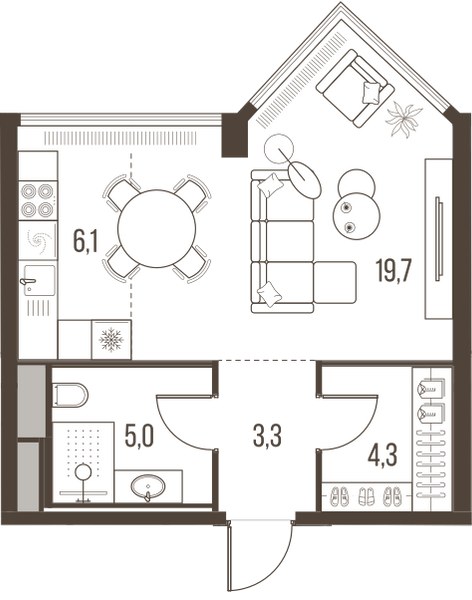 Планировка: 1-комнатная квартира, 38,4 м²