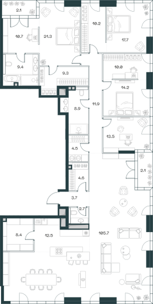 Планировка: 6-комнатная квартира, 282,8 м²