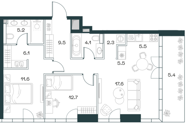 Планировка: 3-комнатная квартира, 82,8 м²
