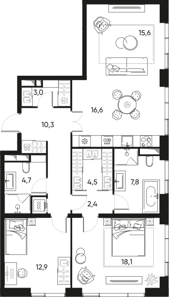 Планировка: 3-комнатная квартира, 96,9 м²