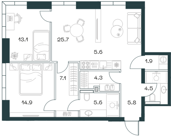 Планировка: 3-комнатная квартира, 88,3 м²