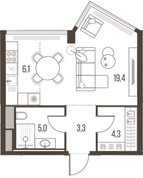 Планировка: 1-комнатная квартира, 38,1 м²