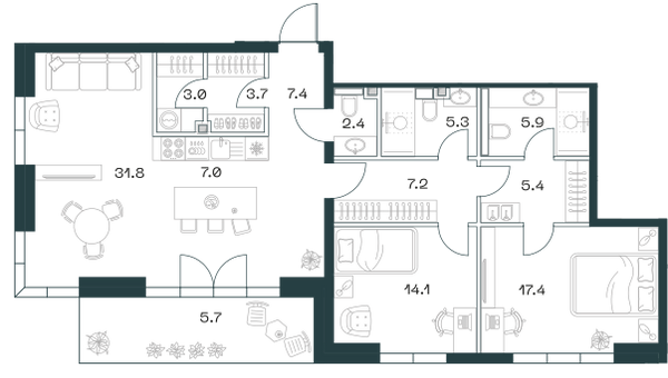 Планировка: 3-комнатная квартира, 116,3 м²