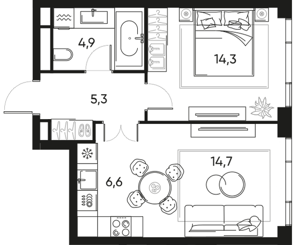 Планировка: 2-комнатная квартира, 45,8 м²