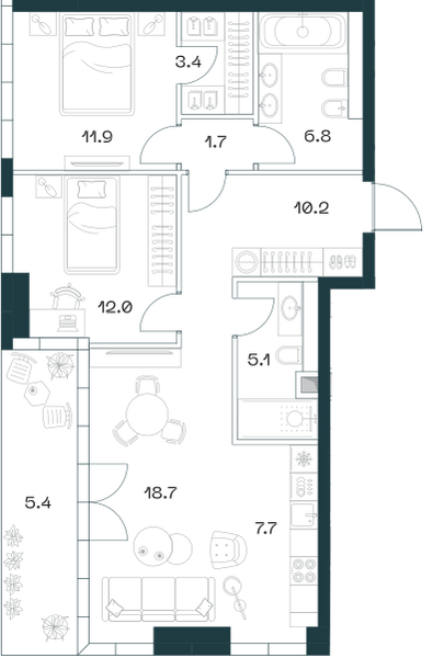 Планировка: 3-комнатная квартира, 82,7 м²