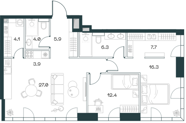 Планировка: 3-комнатная квартира, 87,6 м²