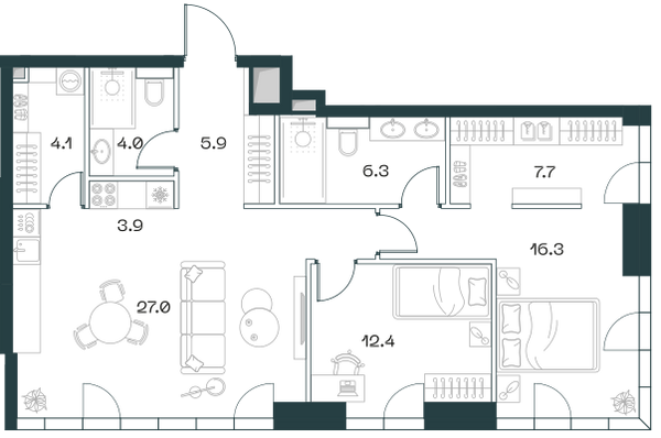 Планировка: 3-комнатная квартира, 87,6 м²