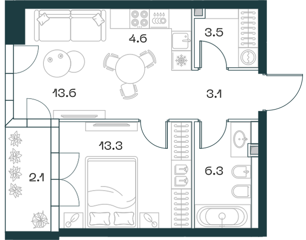 Планировка: 2-комнатная квартира, 46,5 м²