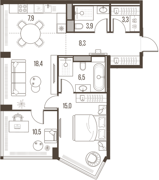 Планировка: 3-комнатная квартира, 73,8 м²