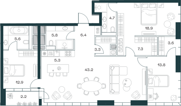 Планировка: 4-комнатная квартира, 133,4 м²