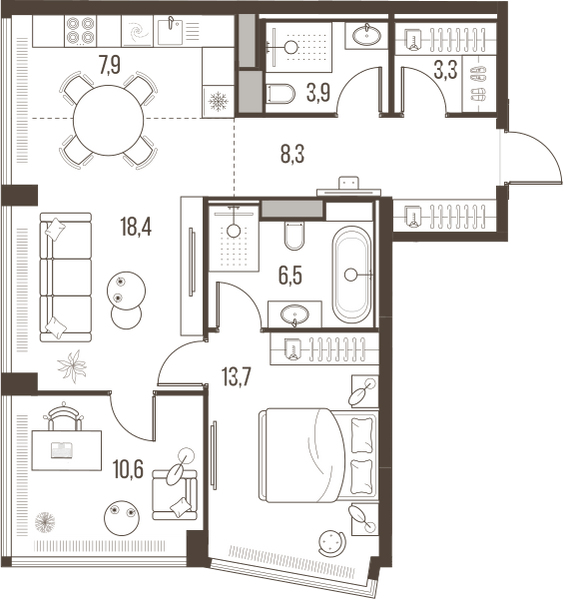 Планировка: 3-комнатная квартира, 72,6 м²