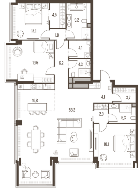 Планировка: 4-комнатная квартира, 166,8 м²