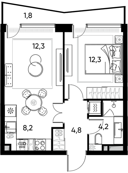 Планировка: 2-комнатная квартира, 42,0 м²