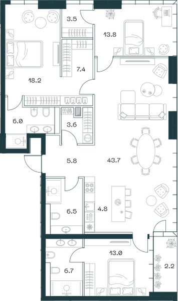 Планировка: 4-комнатная квартира, 135,8 м²