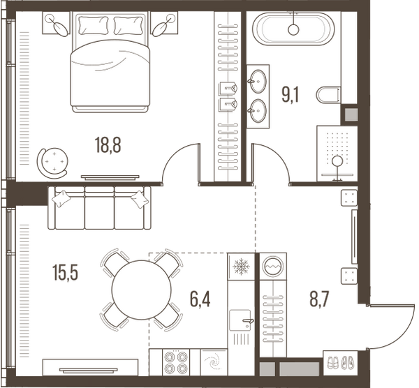 Планировка: 2-комнатная квартира, 58,5 м²