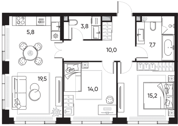 Планировка: 3-комнатная квартира, 77,7 м²