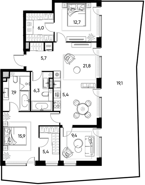 Планировка: 4-комнатная квартира, 102,4 м²