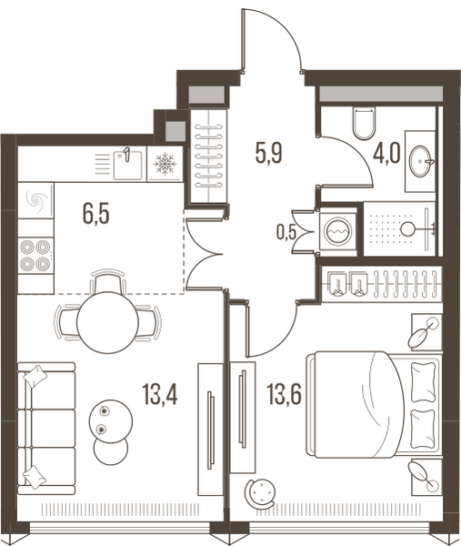 Планировка: 2-комнатная квартира, 43,8 м²