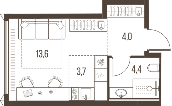 Планировка: 1-комнатная квартира, 25,7 м²