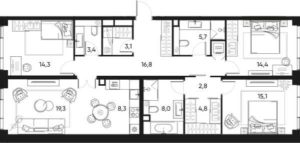 Планировка: 4-комнатная квартира, 116,9 м²