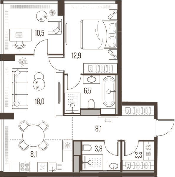 Планировка: 3-комнатная квартира, 71,3 м²
