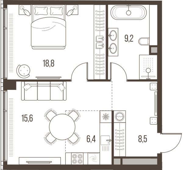 Планировка: 2-комнатная квартира, 58,5 м²